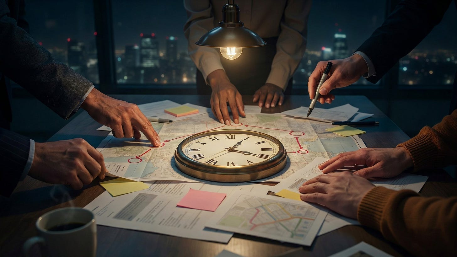 A modern workspace table covered in maps and documents, a large clock face at the center. Multiple hands — men and women, diverse skin tones — reaching in from different angles, each engaged with a different part of the map. Clean contemporary clothing, sleeves of professional attire visible at the edges. Overhead pendant light, city visible through a floor-to-ceiling window at night behind them. Warm amber light on the table, deep teal shadows. The scene feels collaborative and purposeful — a team working through something together. Rich color — burnt orange, deep teal, warm gold.