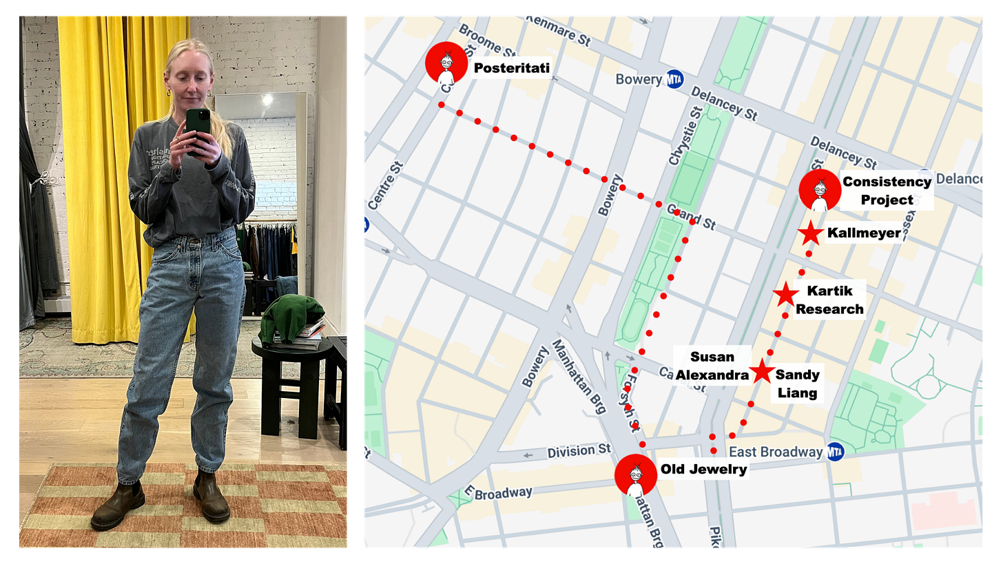 At left, Eliza tries on a pair of jeans; at right, a graphic of her shopping route