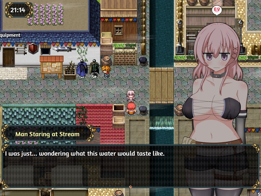 A man staring at a stream tells the protagonist he wonders how the water the prostitutes wash their clothes in taste