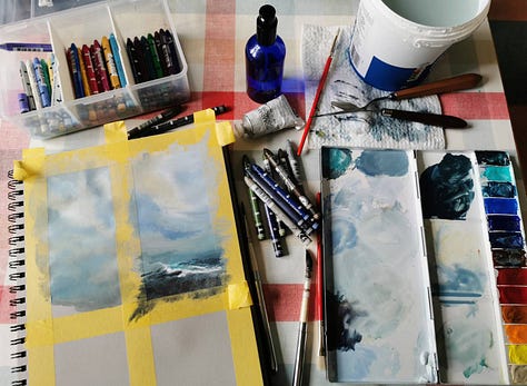 Various working set ups, experiments, and artworks made with the art materials my body no longer tolerates.