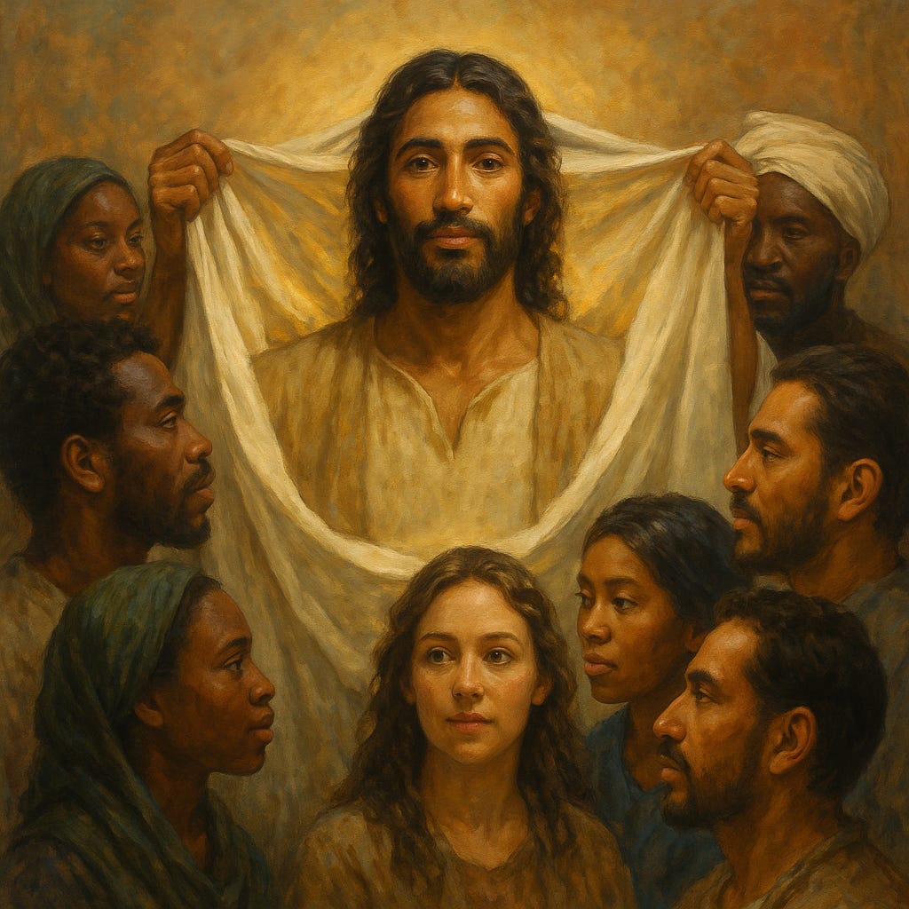 A painting of a person holding a white cloth with a group of people around him

AI-generated content may be incorrect.