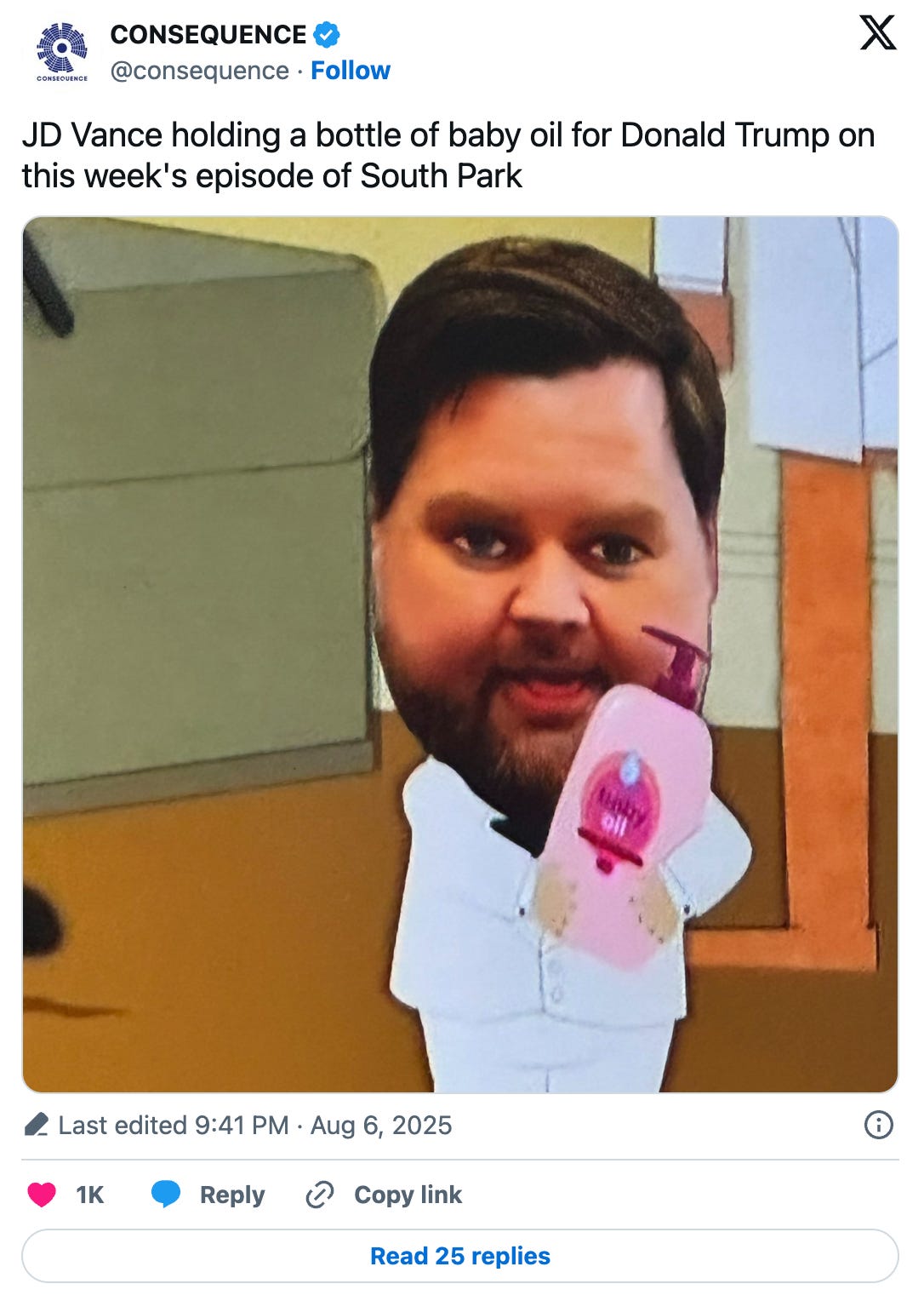 Consequence on Twitter: "JD Vance holding a bottle of baby oil for Donald Trump on this week's episode of South Park" Consequence on Twitter: "JD Vance holding a bottle of baby oil for Donald Trump on this week's episode of South Park"