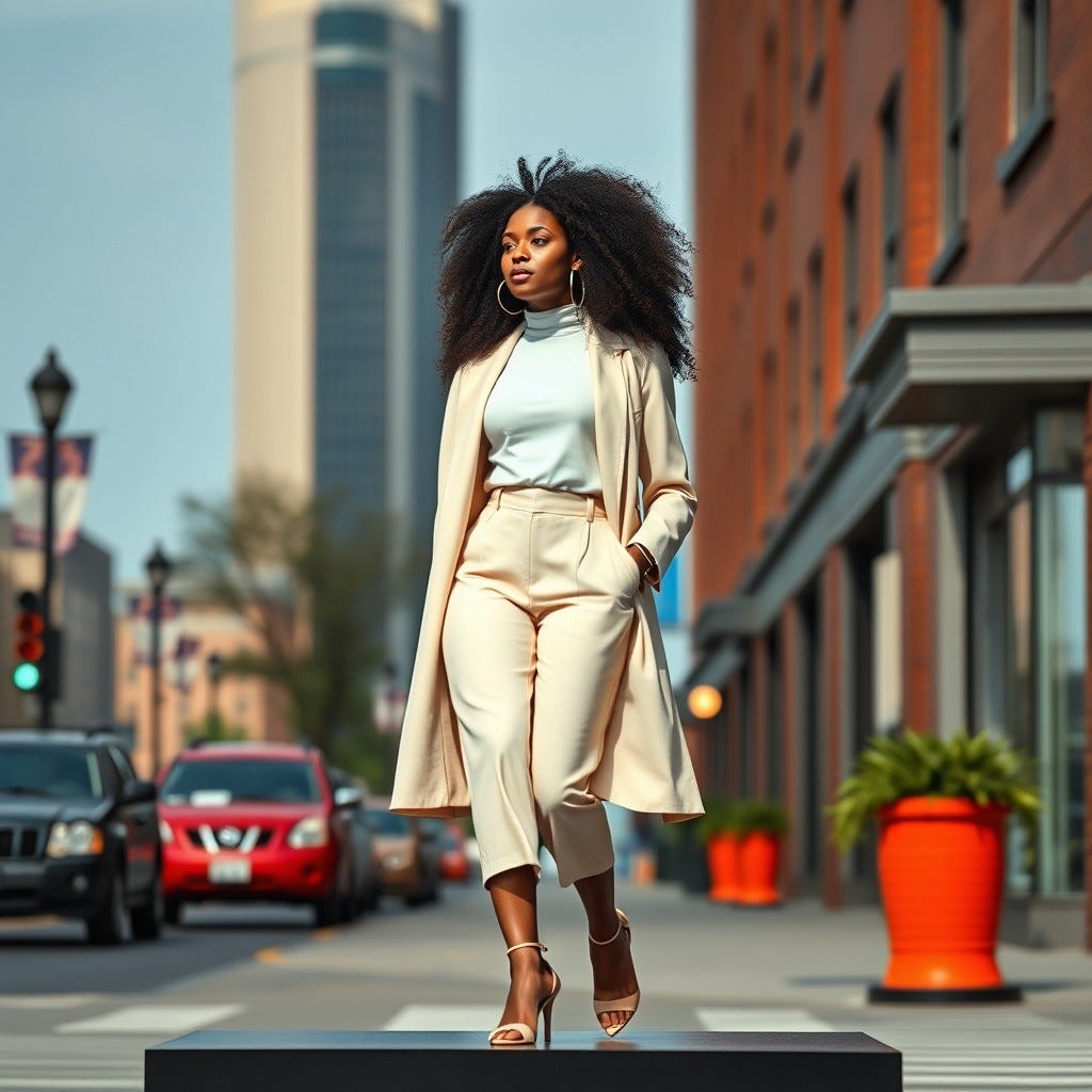 Provide me a realistic image of an African American woman standing on a platform standing tall, dressed to the T, Head high walking down the street