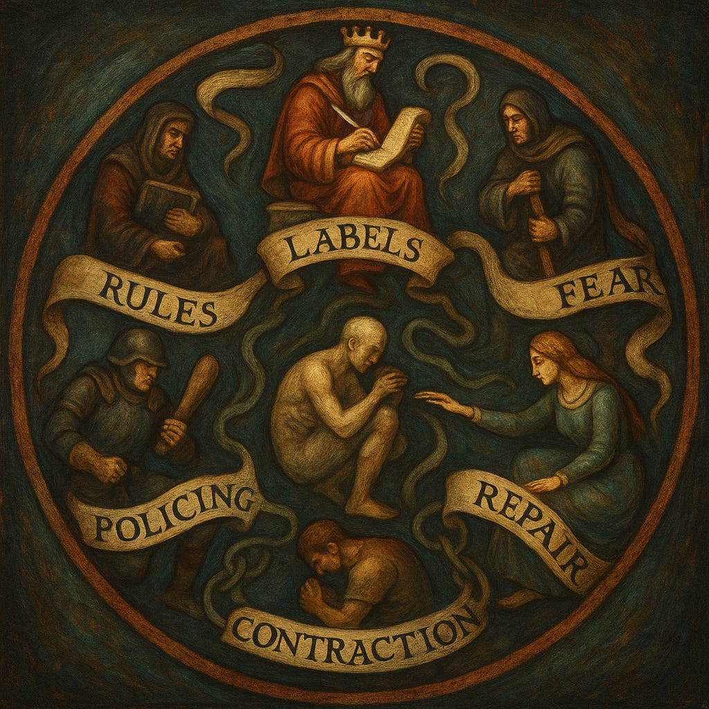 Circular, medieval-style emblem. At the center, two crouched figures are bound by dark tendrils. Around them, six vignettes with banner labels: a king writing (“LABELS”), hooded figures (“RULES” and “FEAR”), an armored guard with baton (“POLICING”), a kneeling man (“CONTRACTION”), and a woman reaching out (“REPAIR”).