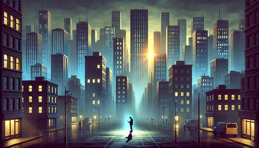 Loneliness person standing with their phone lost in a city of people.