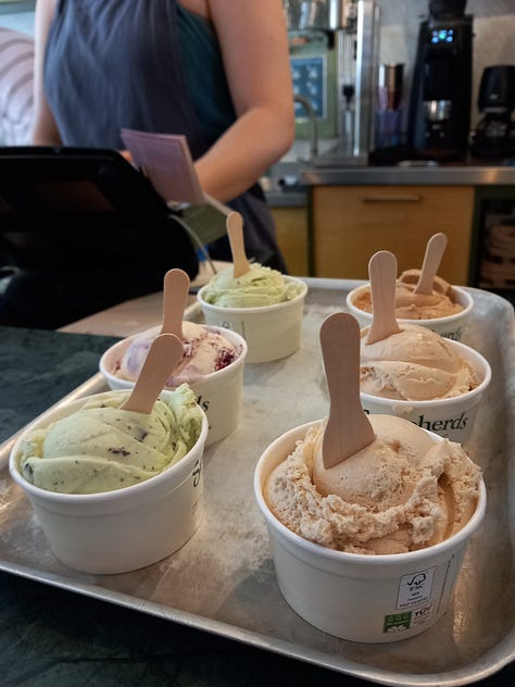Kate's Bakery; Hay countryside; Shepherds ice-cream