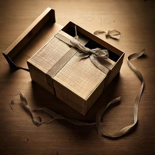 A gift box seems at first glance to be prettily wrapped with textured paper and a bow. But a second glance indicates that's not quite true: inside the box is another, smaller box. Bits of ribbon are scattered around the nested boxes, and there's what must be a lid off to the side -- but it fits NEITHER box...