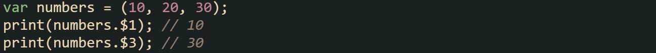 var numbers = (10, 20, 30); print(numbers.$1); // 10 print(numbers.$3); // 30 var numbers = (10, 20, 30); print(numbers.$1); // 10 print(numbers.$3); // 30