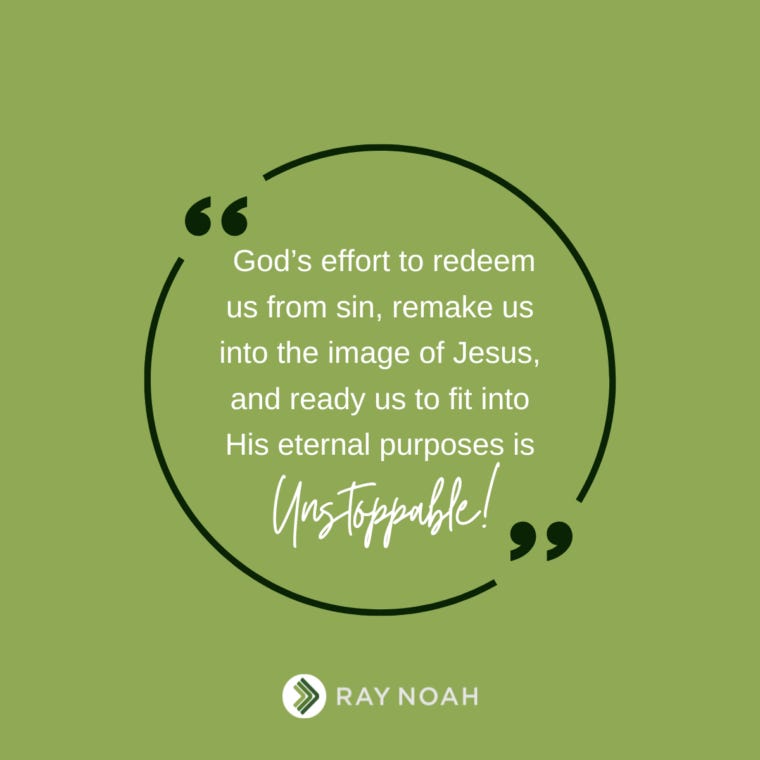 God’s effort to redeem us from sin, remake us into the image of Jesus, and ready us to fit into His eternal purposes is unstoppable! —Ray Noah