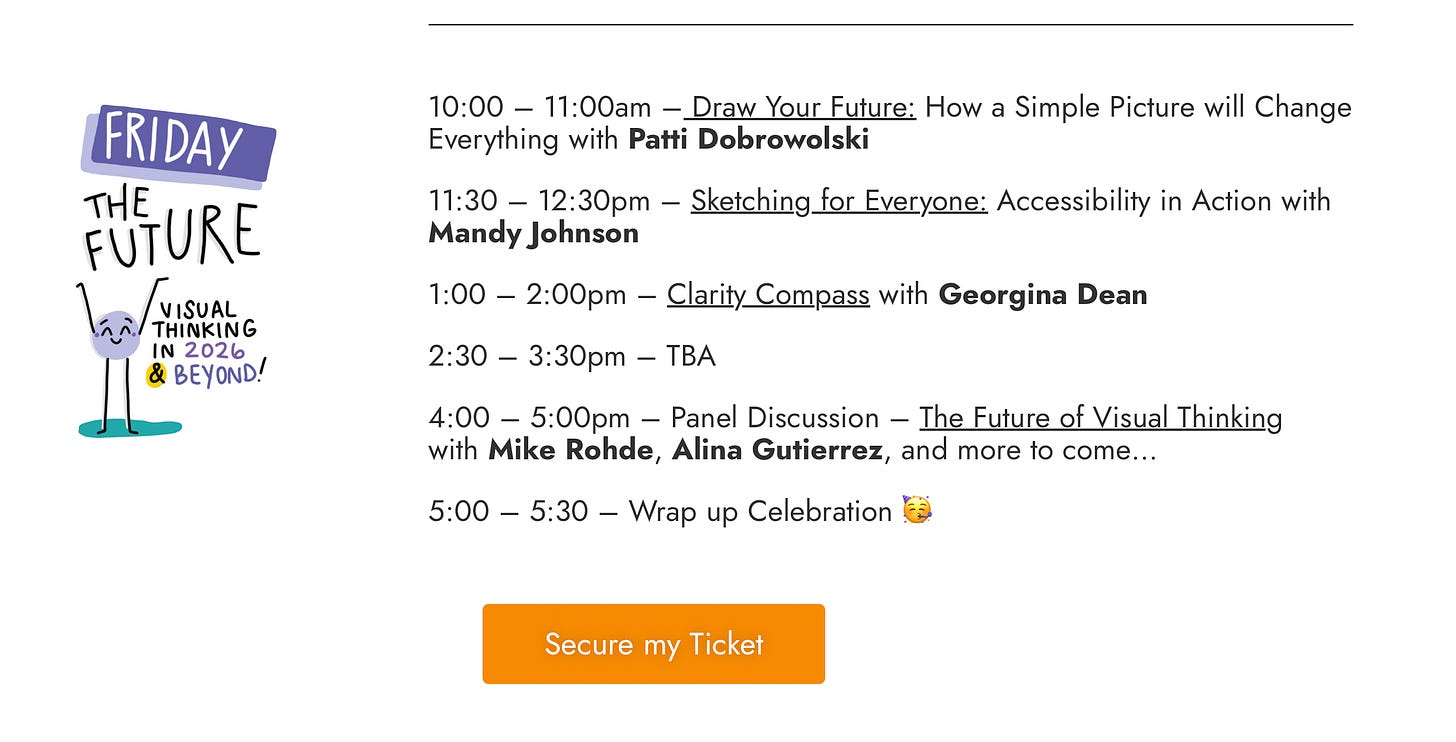 A screenshot of the World Sketchnote Week 2026 schedule for Friday, showing "Clarity Compass with Georgina Dean" alongside speakers Patti Dobrowolski and Mike Rohde.