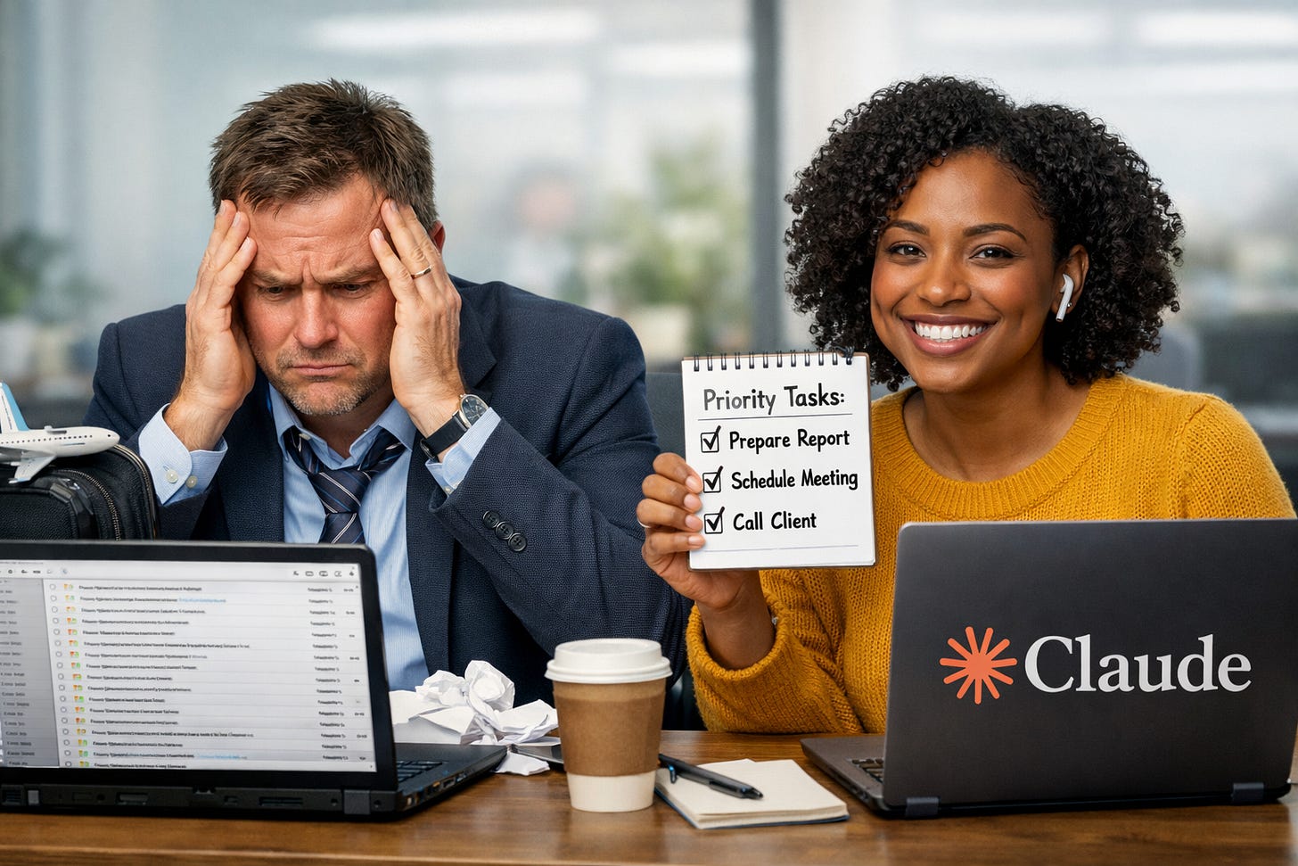 Two people, one stressed by email, one using Claude to organize tasks on a laptop Two people, one stressed by email, one using Claude to organize tasks on a laptop