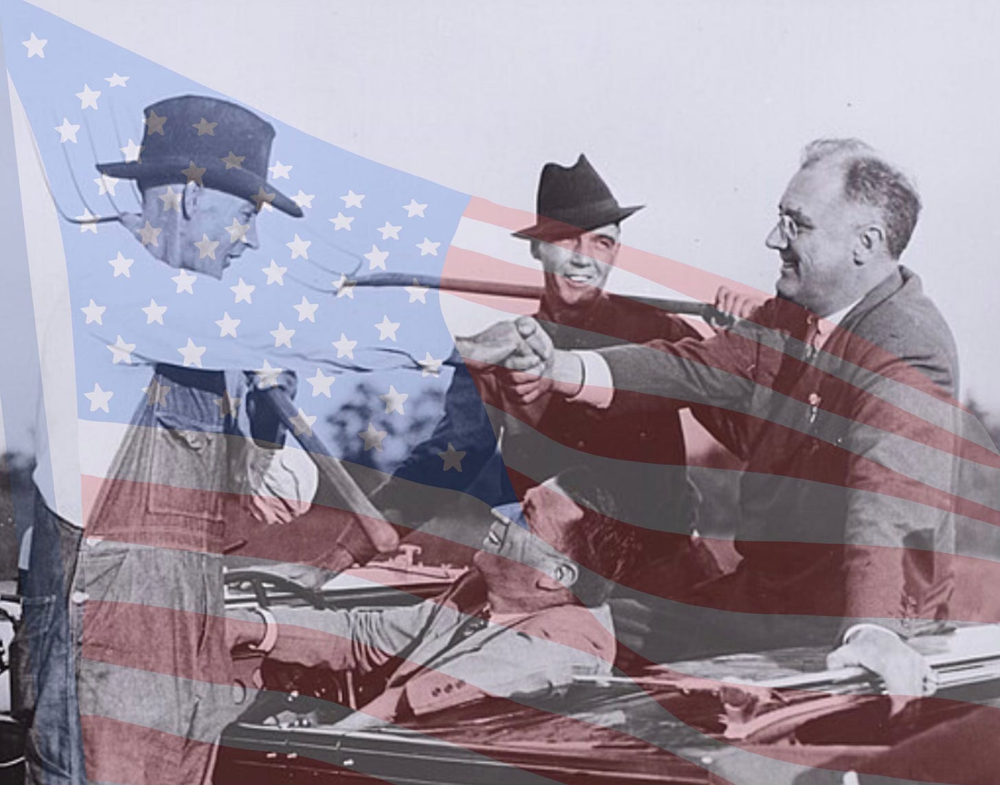 Farmers smile and shake hands with Franklin Delano Roosevelt. They carry pitchforks and have obviously been working in the fields. FDR and his driver smile and chat with the farmers. Farmers smile and shake hands with Franklin Delano Roosevelt. They carry pitchforks and have obviously been working in the fields. FDR and his driver smile and chat with the farmers.