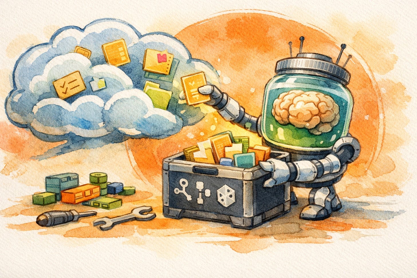 How to own your AI context — Brain in a Jar mascot transferring memory and workflows from a cloud system into a portable user-owned toolkit, representing model-agnostic AI setup