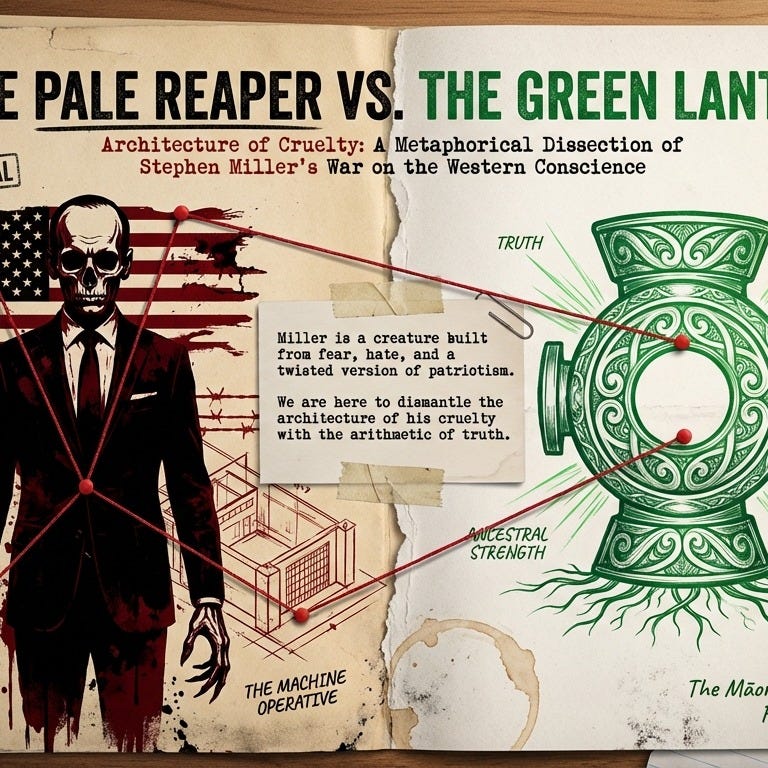 May be an illustration of text that says 'E PALE REAPER VS. THE GREEN LAN Architecture of Cruelty: A Metaphorical Dissection of 1 Stephen Miller's War on the Western Conscience TRUTH Miller ia a creature built from fear, hate, and twiated version of patriotism. We bere dianantle the architecture architectureofhlscr of cruelty with withthe the arithnetic of truth. ANCESTRAL STRENGTH THE OPERATIVE MACHINE The Mão' May be an illustration of text that says 'E PALE REAPER VS. THE GREEN LAN Architecture of Cruelty: A Metaphorical Dissection of 1 Stephen Miller's War on the Western Conscience TRUTH Miller ia a creature built from fear, hate, and twiated version of patriotism. We bere dianantle the architecture architectureofhlscr of cruelty with withthe the arithnetic of truth. ANCESTRAL STRENGTH THE OPERATIVE MACHINE The Mão'