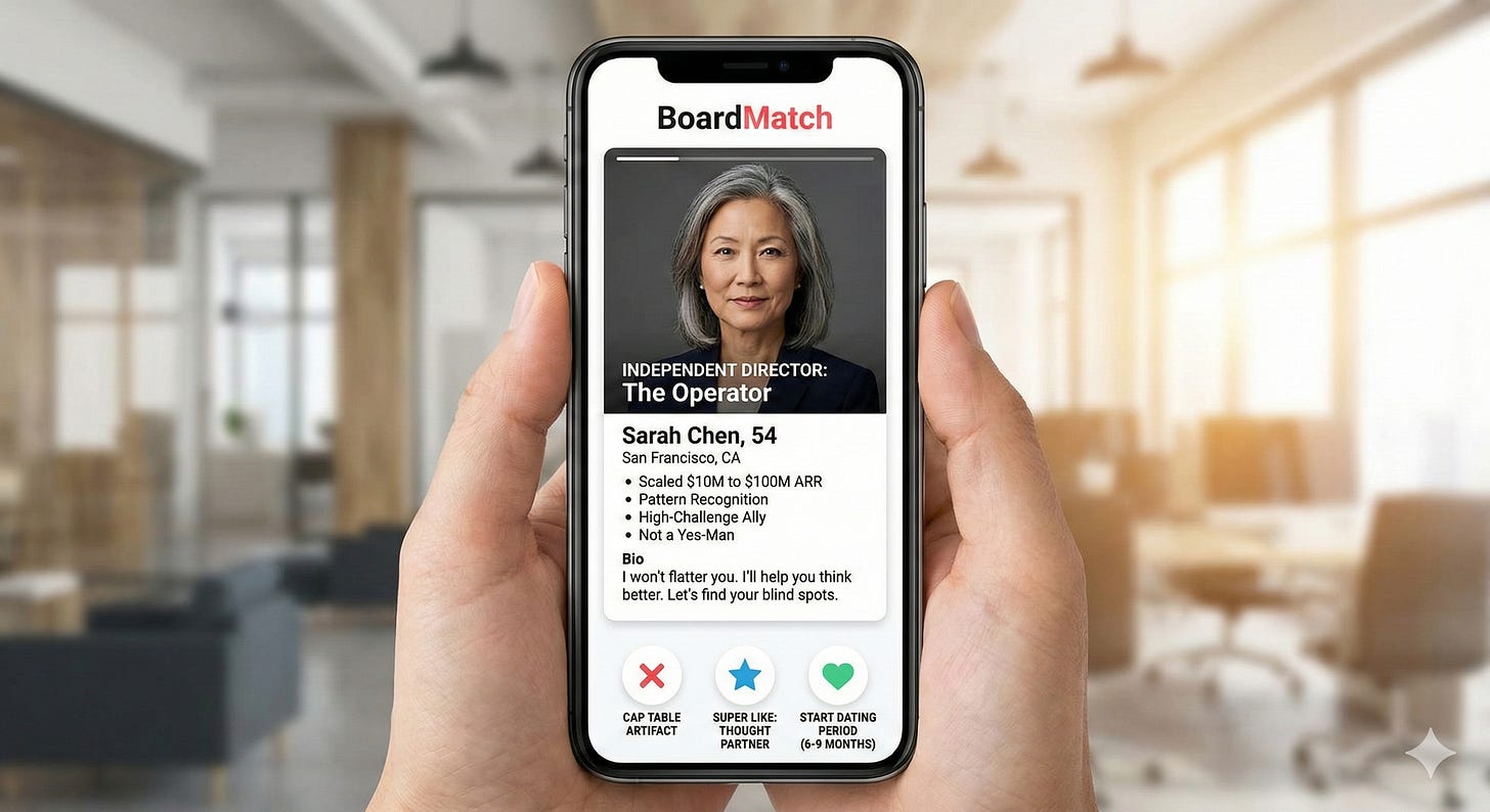 Independent board director profile shown in a dating-app style interface, illustrating intentional board member selection for scaling startups.