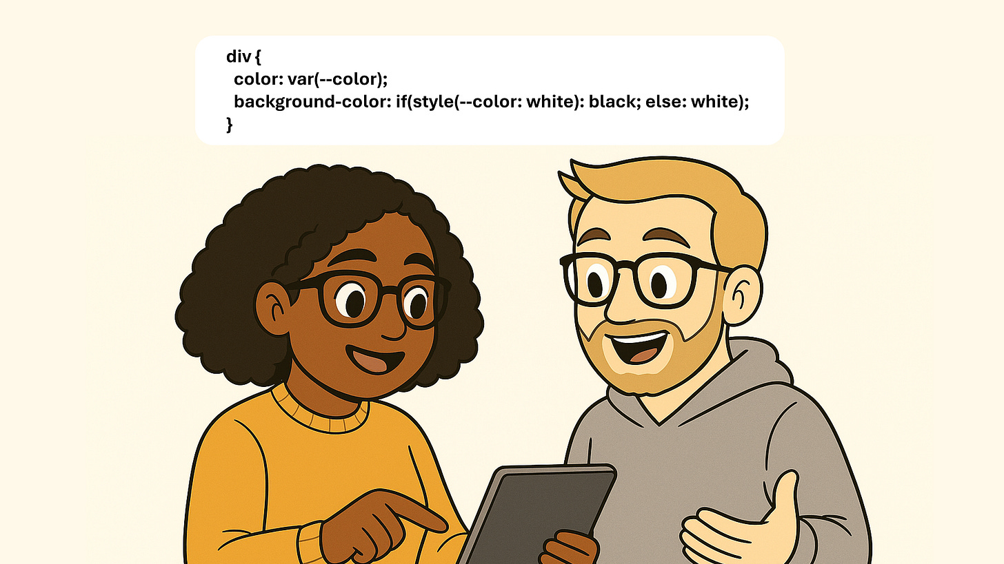 Two cartoon characters happily discussing a tablet screen showing CSS if() function code.