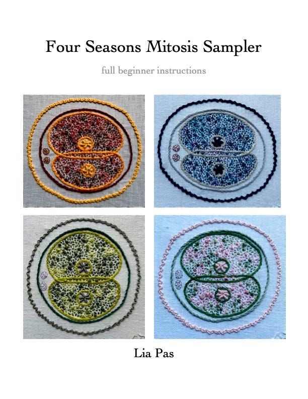 The cover of Lia’s Four Seasons Mitosis Sampler. Full beginner Instructions. There are four embroideries of mitosis in a grid. One in autumnal oranges and browns, one in winter blues and greys, one in summer greens, and one in spring greens and pinks.