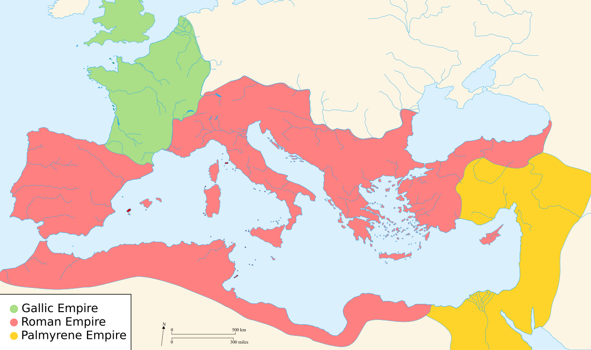 A divided empire during the Crisis of the Third Century in the middle of third century AD taken from https://en.wikipedia.org/wiki/Crisis_of_the_Third_Century#/media/File:Map_of_Ancient_Rome_271_AD.svg