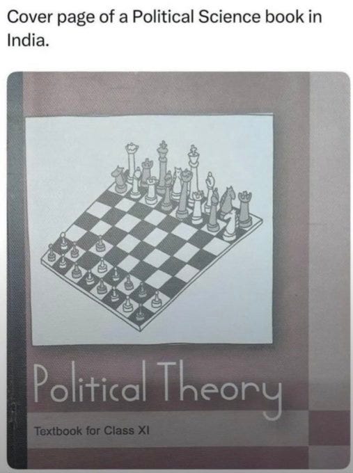 Cover page of a textbook titled Political Theory for Class XI with an illustration of a chessboard setup including kings queens bishops knights rooks and pawns arranged across black and white squares in a standard formation.