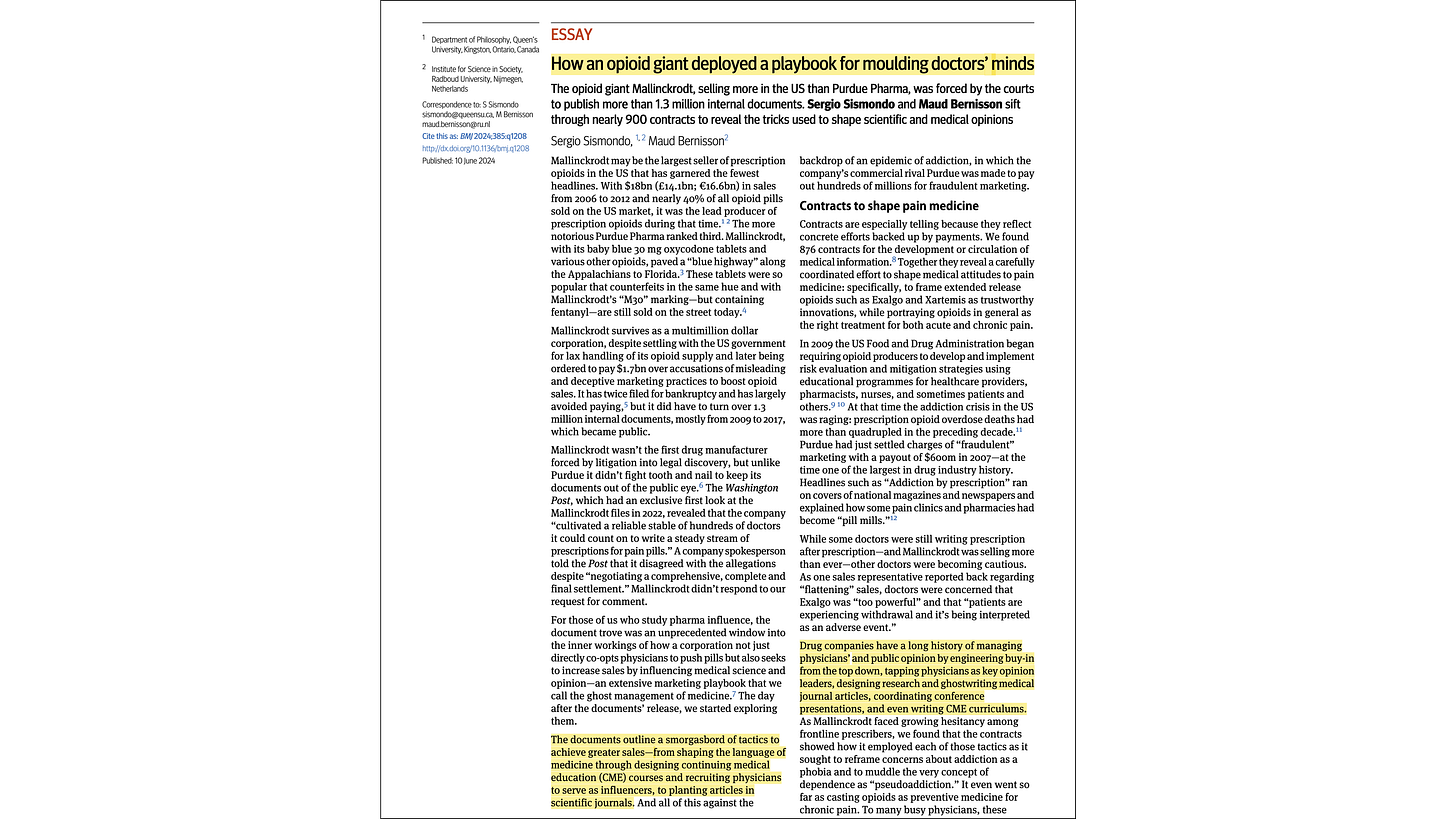 How an opioid giant deployed a playbook for moulding doctors’ minds (Sismondo and Bernisson, 2024) How an opioid giant deployed a playbook for moulding doctors’ minds (Sismondo and Bernisson, 2024)