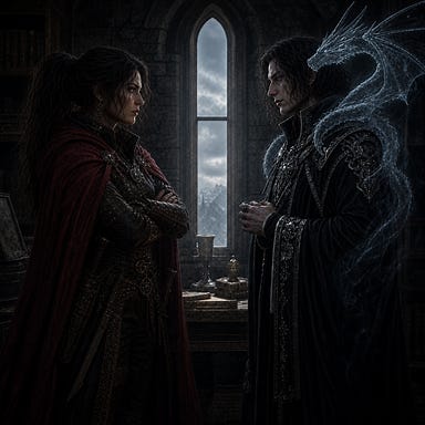 Ezmerelda D’Avenir with dark hair and crimson cloak before narrow tower window facing Felonious in black and silver robes with spirit dragon, embodying expressive fragility and haunted intellect