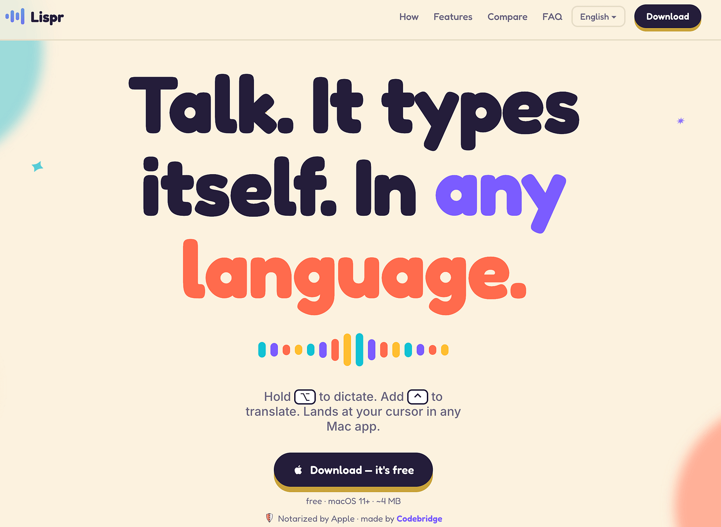 Screenshot of the Lispr website promoting voice dictation and translation into multiple languages.