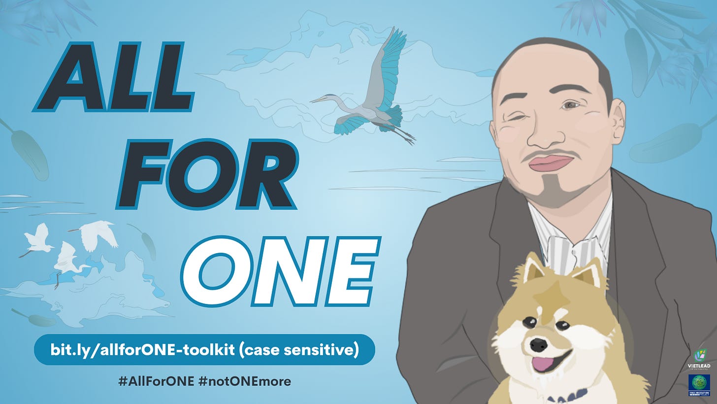 "All For One link: bit.ly/allforONE-toolkit (case sensitive) #AllForONE #notONEmore" with a graphic drawing of One and his dog on the right.