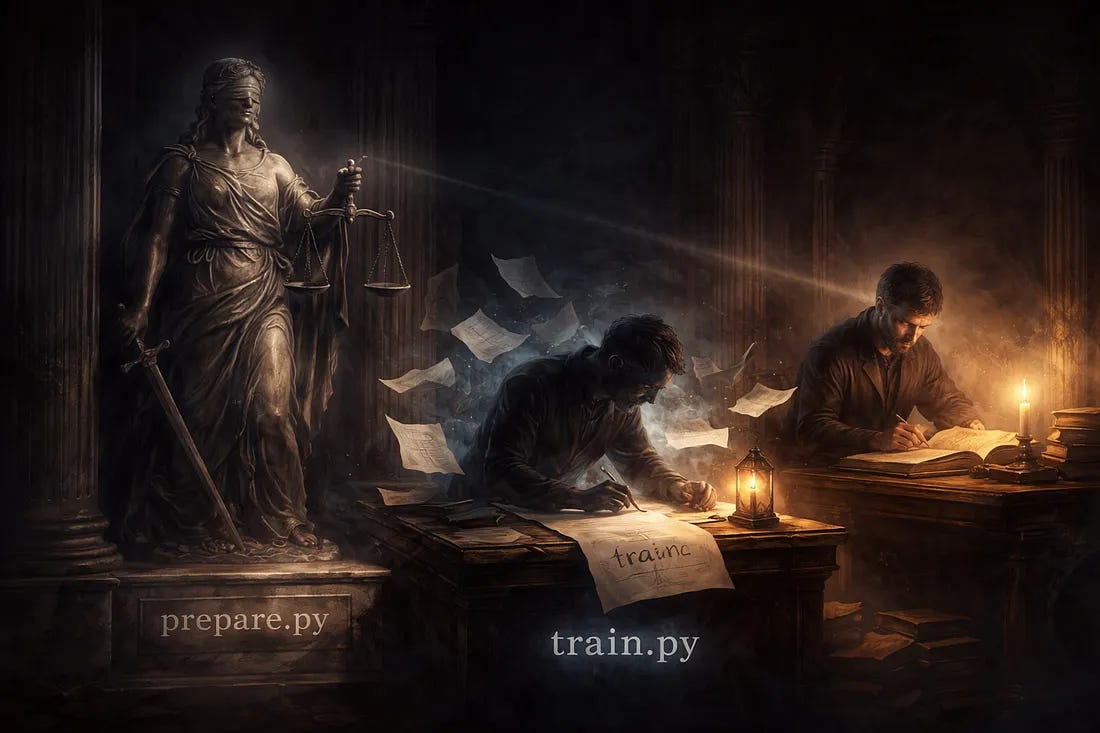 Allegorical illustration of Autoresearch's three files: prepare.py as a blindfolded judge, train.py as the agent's sandbox, and program.md as the human author at work. Allegorical illustration of Autoresearch's three files: prepare.py as a blindfolded judge, train.py as the agent's sandbox, and program.md as the human author at work.