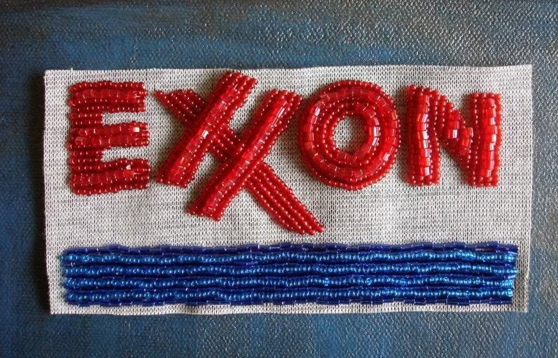 Beaded Boston trolley train MBTA T Exxon gas station Citgo sign bead embroidery pop art seed beads Beaded Boston trolley train MBTA T Exxon gas station Citgo sign bead embroidery pop art seed beads