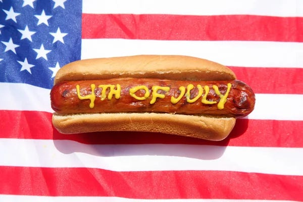 Hotdog Mustard Patriotic Hot Dog 4Th July Hot Dog 4Th — Stock Photo ©  mikeledray #664008570