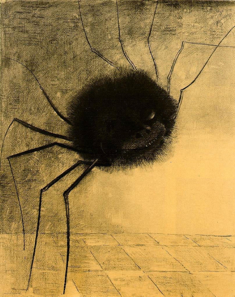Charcoal spider with a human grinning face, Redon Charcoal spider with a human grinning face, Redon