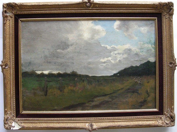 'Heimkehrende Schafherde auf einem Feldweg in weiter Landschaft' Olieverf op paneel: Herman van der Weele 'Heimkehrende Schafherde auf einem Feldweg in weiter Landschaft' Olieverf op paneel: Herman van der Weele