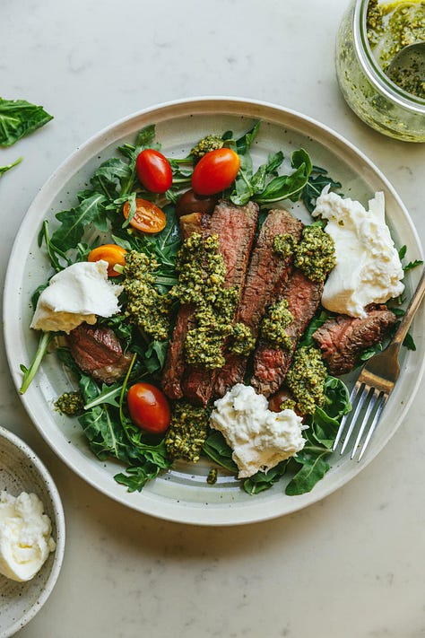 Keto blackberry crumble; pesto steak with tomatoes and arugula; high-protein cheesecake.