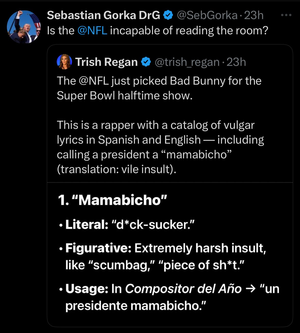 Sebastian Gorka on Retweeted: “Is the @NFL incapable of reading the room?” With a tweet describing Bad Bunny calling Trump a mamabicho, Spanish for “dick-sucker” which is also used to describe a scumbag. Sebastian Gorka on Retweeted: “Is the @NFL incapable of reading the room?” With a tweet describing Bad Bunny calling Trump a mamabicho, Spanish for “dick-sucker” which is also used to describe a scumbag.