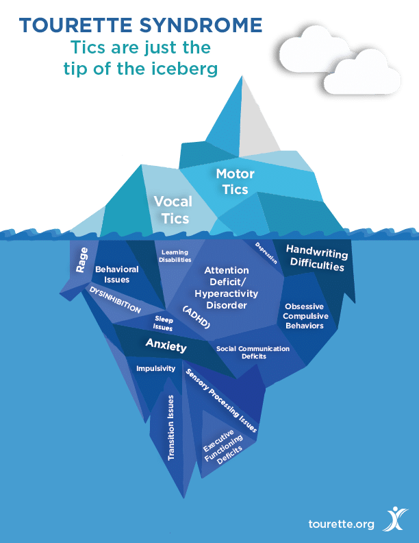 An iceberg illustration with symptoms of tourette's peaks above the water