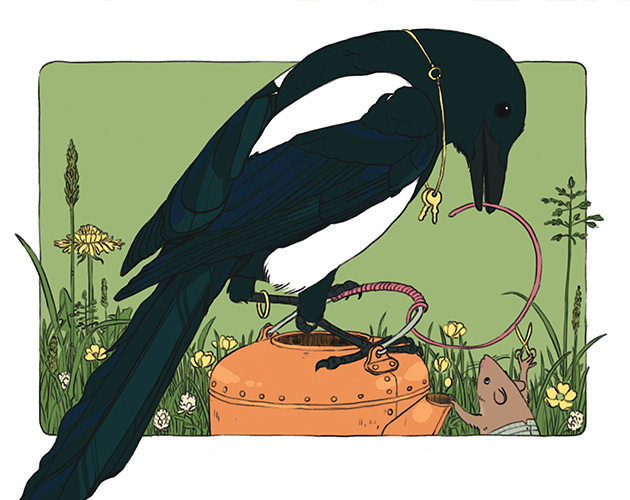 Image of a dark teal bird repairing a watercan. The bird is using its beak to wrap wire around the handle. A mouse looks on amazed.