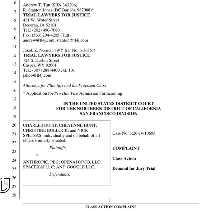 Cover page of the complaint in Buist et al. v. Anthropic et al. Cover page of the complaint in Buist et al. v. Anthropic et al.