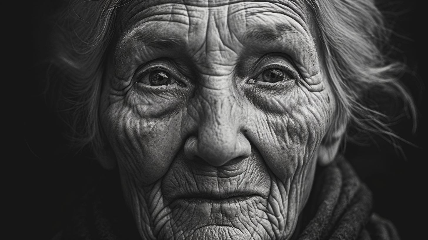 A portrait of an elderly woman, captured in soft, natural light. The focus is on her expressive face, which shows the wrinkles and lines of a long and eventful life. The image is in black and white, with an emphasis on texture and detail. The composition is simple, with the woman's face taking up most of the frame.
