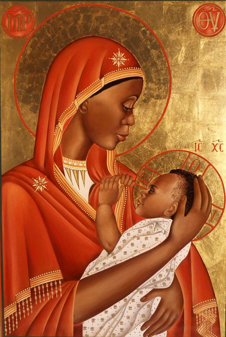 Icon-style painting of a Black Madonna in red robes holding baby Jesus, who has natural curls. The background is gold with halo motifs. Sacred, regal, and African-centered representation of Mary and Jesus. Icon-style painting of a Black Madonna in red robes holding baby Jesus, who has natural curls. The background is gold with halo motifs. Sacred, regal, and African-centered representation of Mary and Jesus.