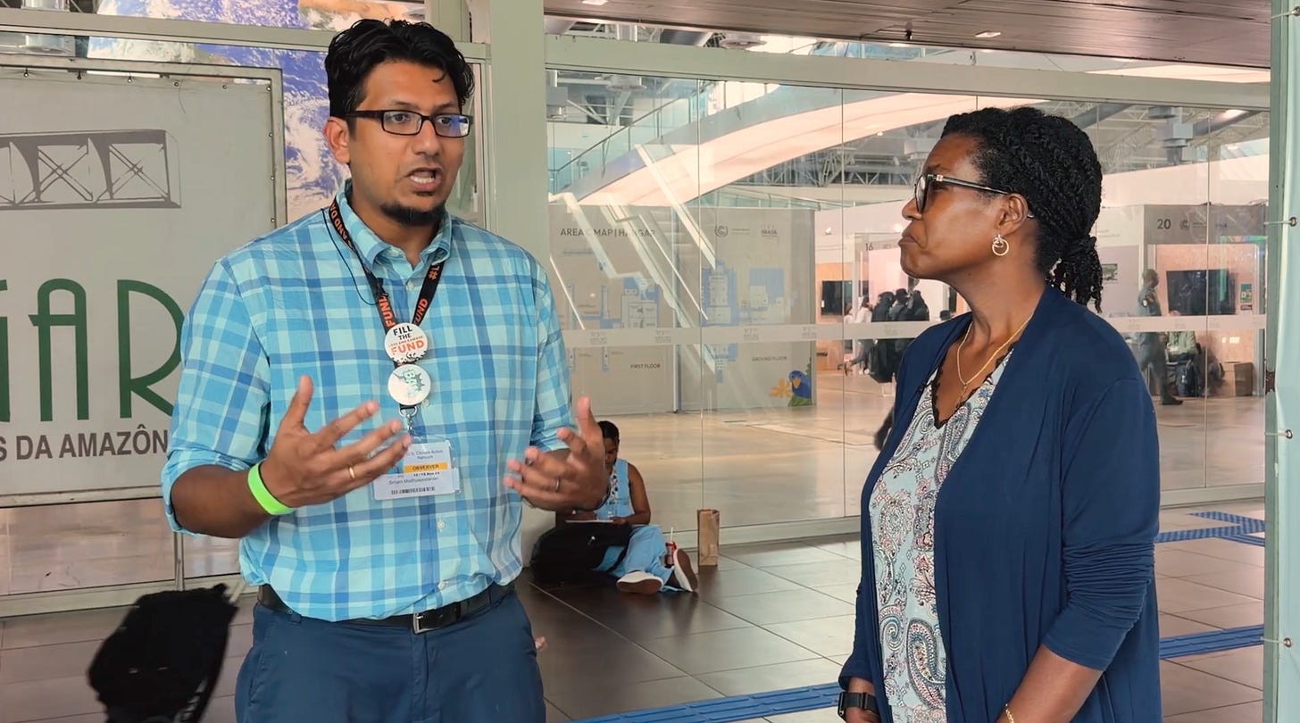 Regina Banks, Lutheran Office of Public Policy CA, ELCA, interviews Sriram Madhusoodanan, Director of Climate Advocacy & PolicyUS Climate Action Network (USCAN) at COP30 in Belém, Brasil.