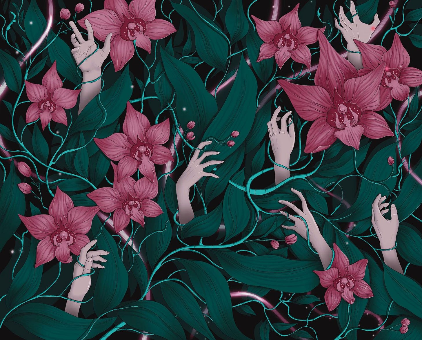 Orchids & hands, original illustration