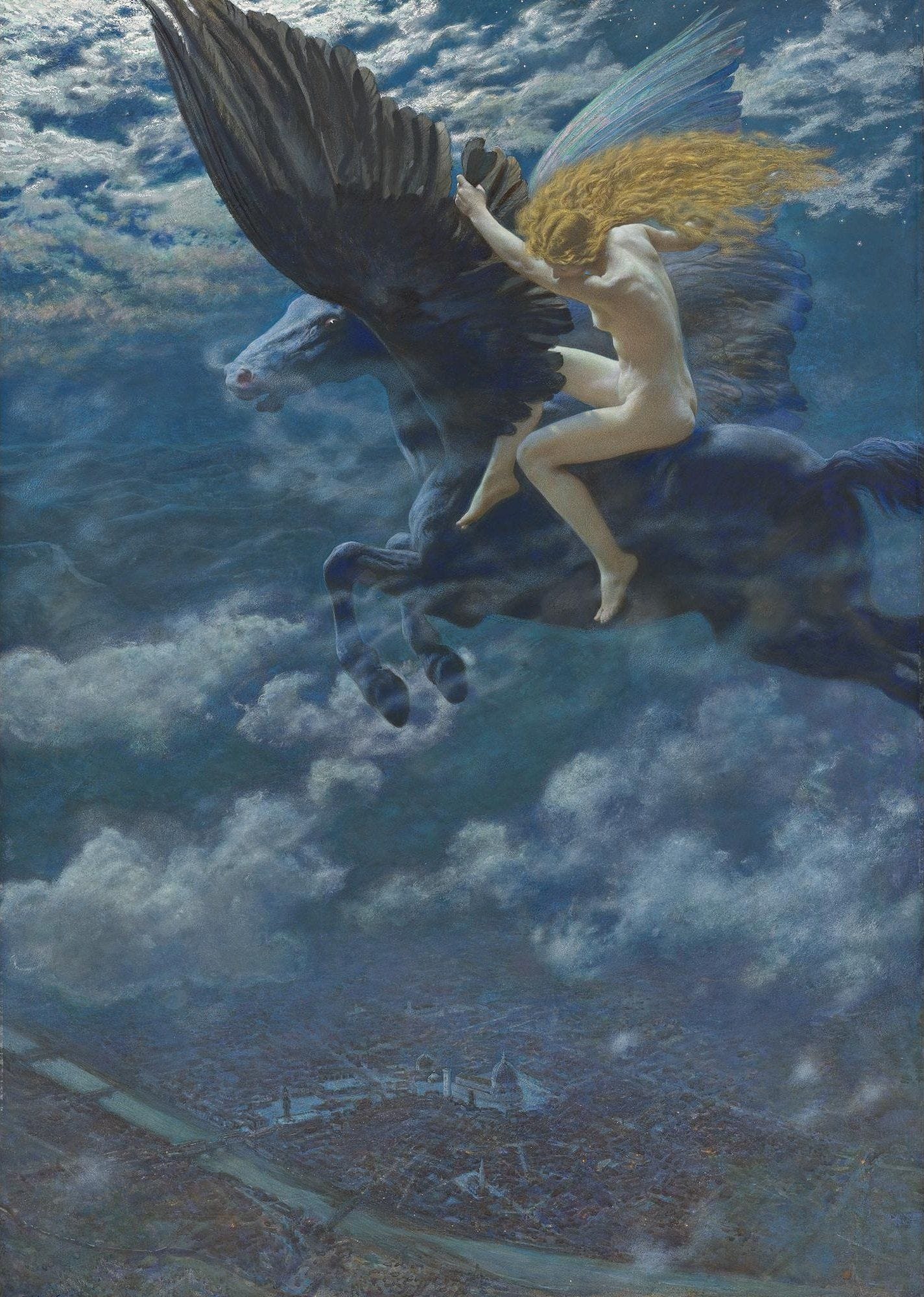 A Valkyrie from mythology naked on a winged horse racing through the sky Edwardian art