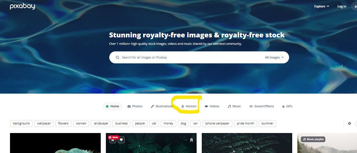 Screenshot of one of the websites recommended in this post: pixabay.com. Image depicts a landing page with one of the filter options ("vectors") circled in yellow to highlight that option.