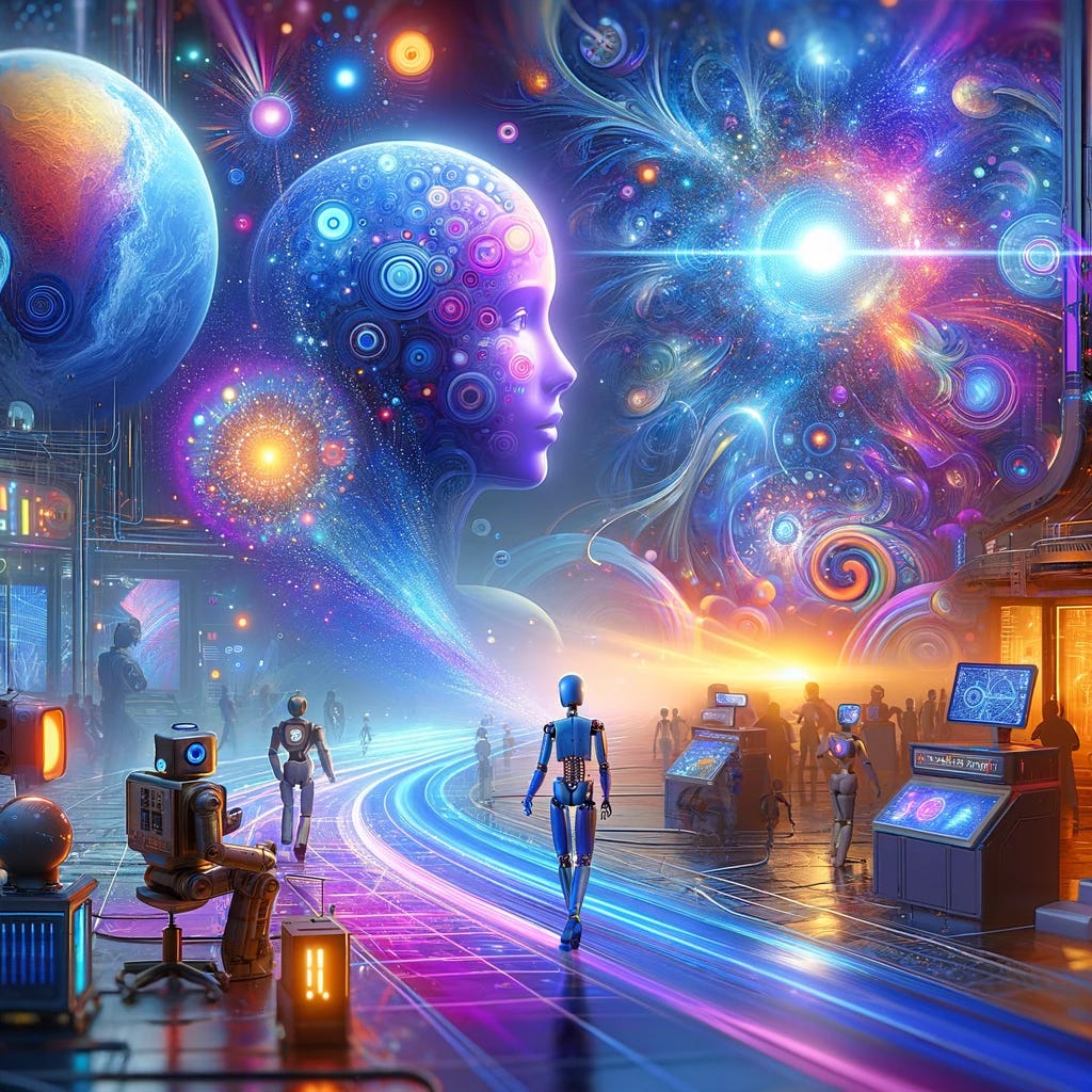 Create an image that encapsulates the future of AI, Generative AI, and Robotics. Imagine a vibrant, dynamic scene combining elements of technology and innovation. Visualize a world where robots and humans collaborate seamlessly, with AI-generated art and designs in the background, symbolizing the boundless creativity and potential of generative AI. The setting is futuristic yet welcoming, highlighting a synergy between human imagination and machine intelligence. This scene should inspire a sense of excitement and curiosity about the future, reflecting the spirit of exploration and innovation that drives the 'Unleashed Machines' blog. Use a color palette that is both bold and optimistic, with blues, purples, and hints of neon to convey a sense of advanced technology and boundless possibilities.