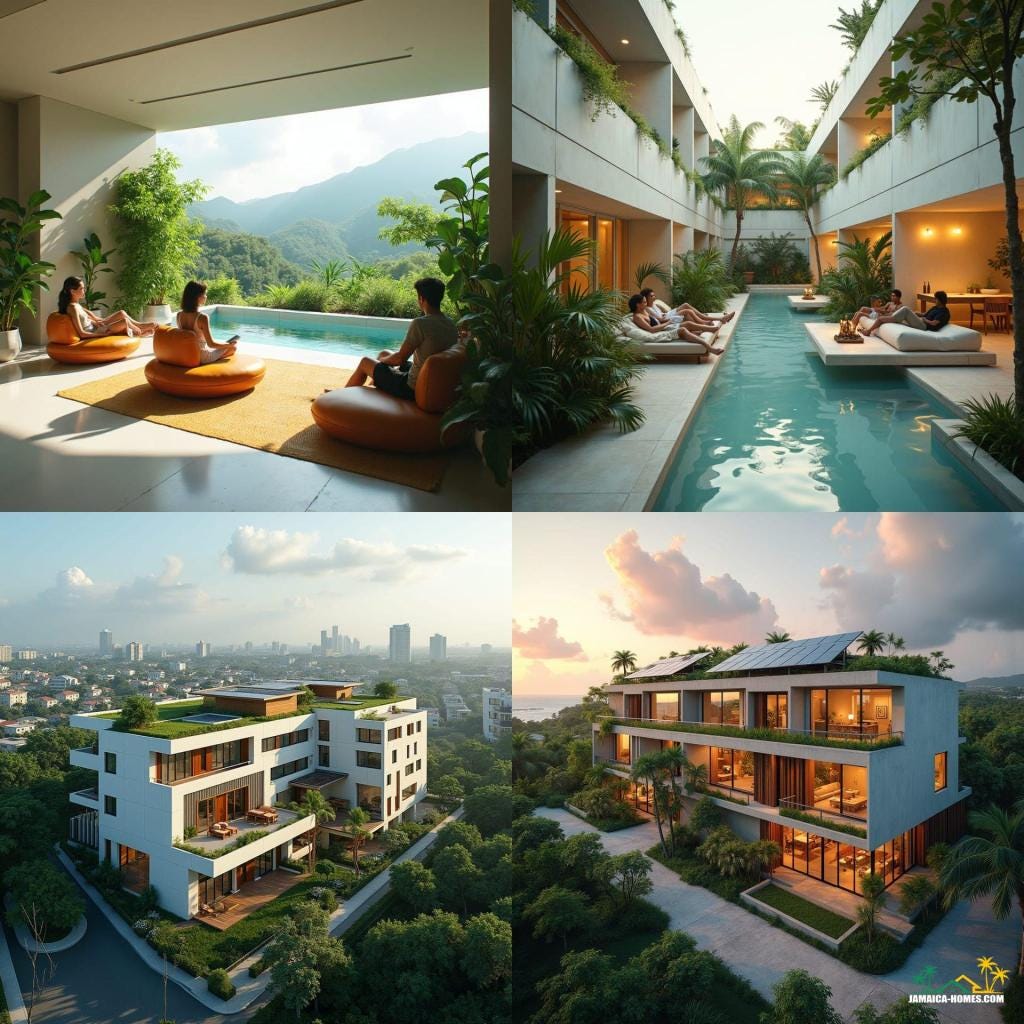 Futuristic co-living space in New Kingston, Jamaica, designed for young professionals. 