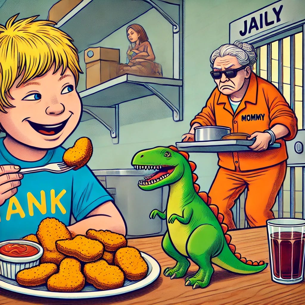 A humorous and satirical cartoon-style illustration for adults. A young boy named Tank is sitting at a kitchen table with his dad, eating dinosaur-shaped chicken nuggets while smiling. In the background, a whimsical depiction of a jail cell is visible, showing a cartoonish 'Mommy' in an orange jumpsuit looking sad and holding a tray of unappetizing jail food. The scene is colorful, exaggerated, and playful, with a light-hearted tone.