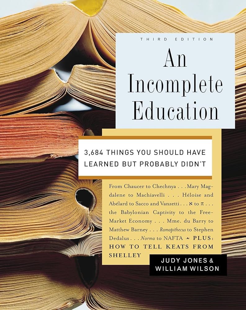 Amazon.com: An Incomplete Education: 3,684 Things You Should Have Learned but Probably Didn't: 9780345468901: Jones, Judy, Wilson, William: Libros Amazon.com: An Incomplete Education: 3,684 Things You Should Have Learned but Probably Didn't: 9780345468901: Jones, Judy, Wilson, William: Libros