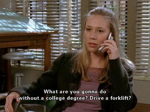This may contain: a woman sitting in a chair talking on a cell phone with the caption what are you going to do without a college degree? drive a forklift?