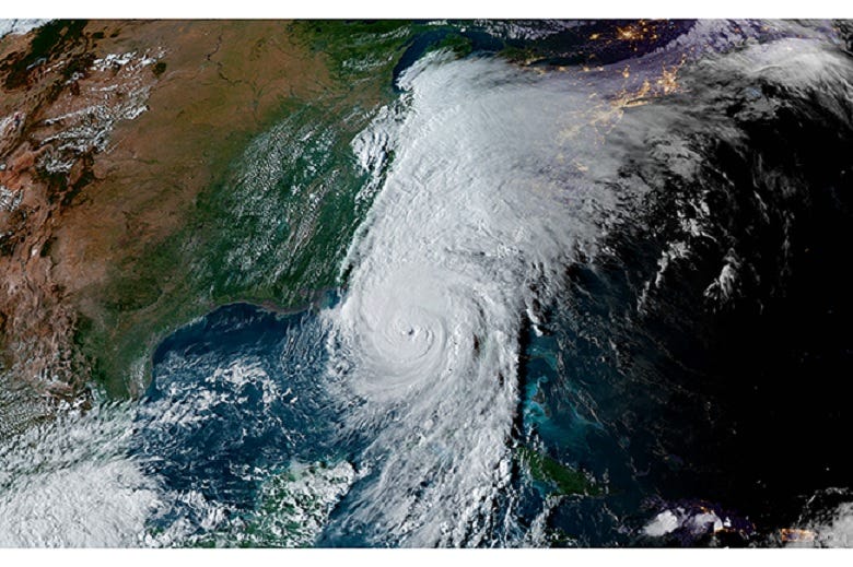 Color satellite photo of Hurricane Helene, showing the eye of the storm approaching Florida. The outer cloud disturbances from the storm system extend all the way up the east coast of the US. Color satellite photo of Hurricane Helene, showing the eye of the storm approaching Florida. The outer cloud disturbances from the storm system extend all the way up the east coast of the US.