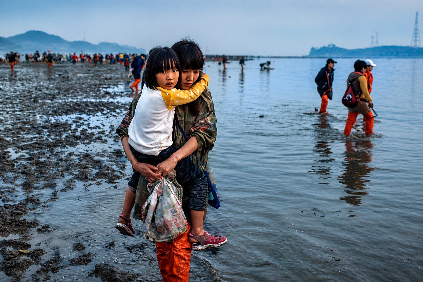 A mother carries her child across the exposed shoreline at low tide in Jindo, a quiet moment of care and connection amid the unfolding coastal event.